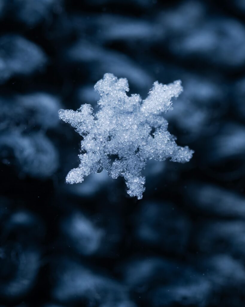 Detailed macro of a snowflake highlighting winter's beauty in Wenatchee, WA.